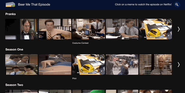 screenshot of Beer Me That Episode homepage with The Office gifs playing