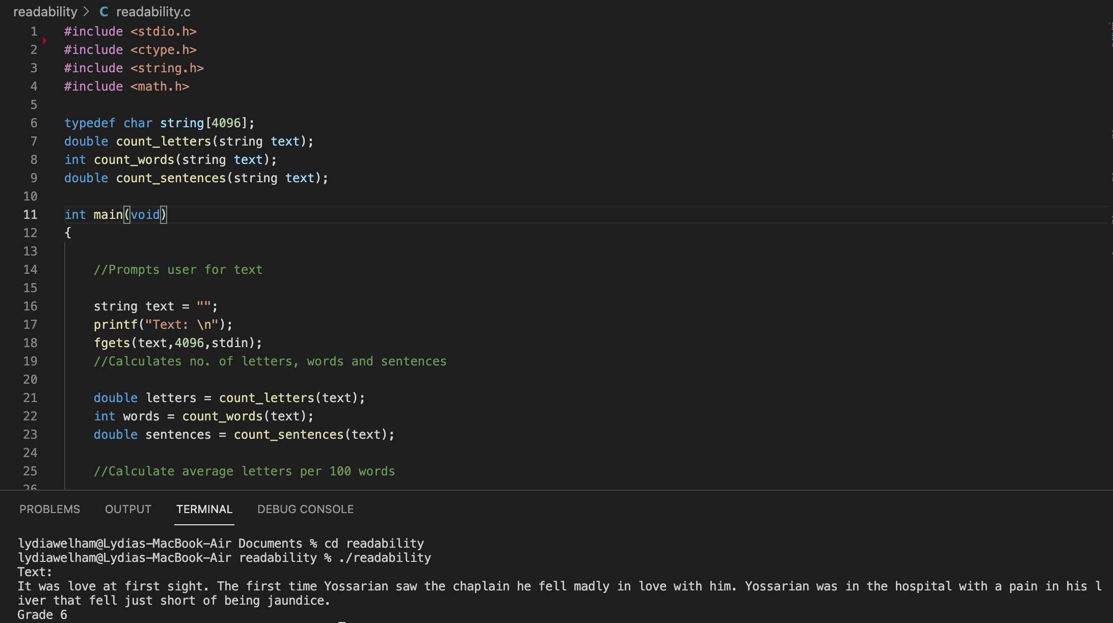 screenshot of readability c programme in operation